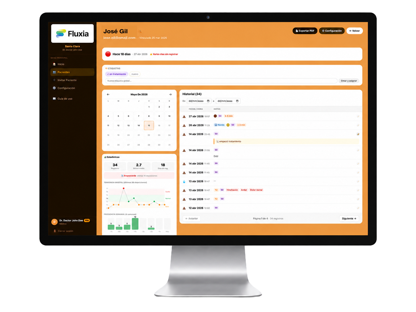 Dashboard clínico Fluxia