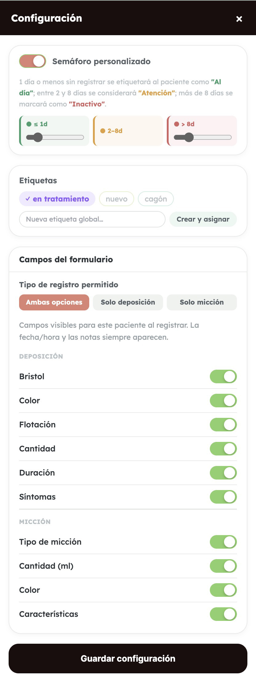 Pantalla de configuración de un paciente: umbrales del semáforo, etiquetas y campos del formulario