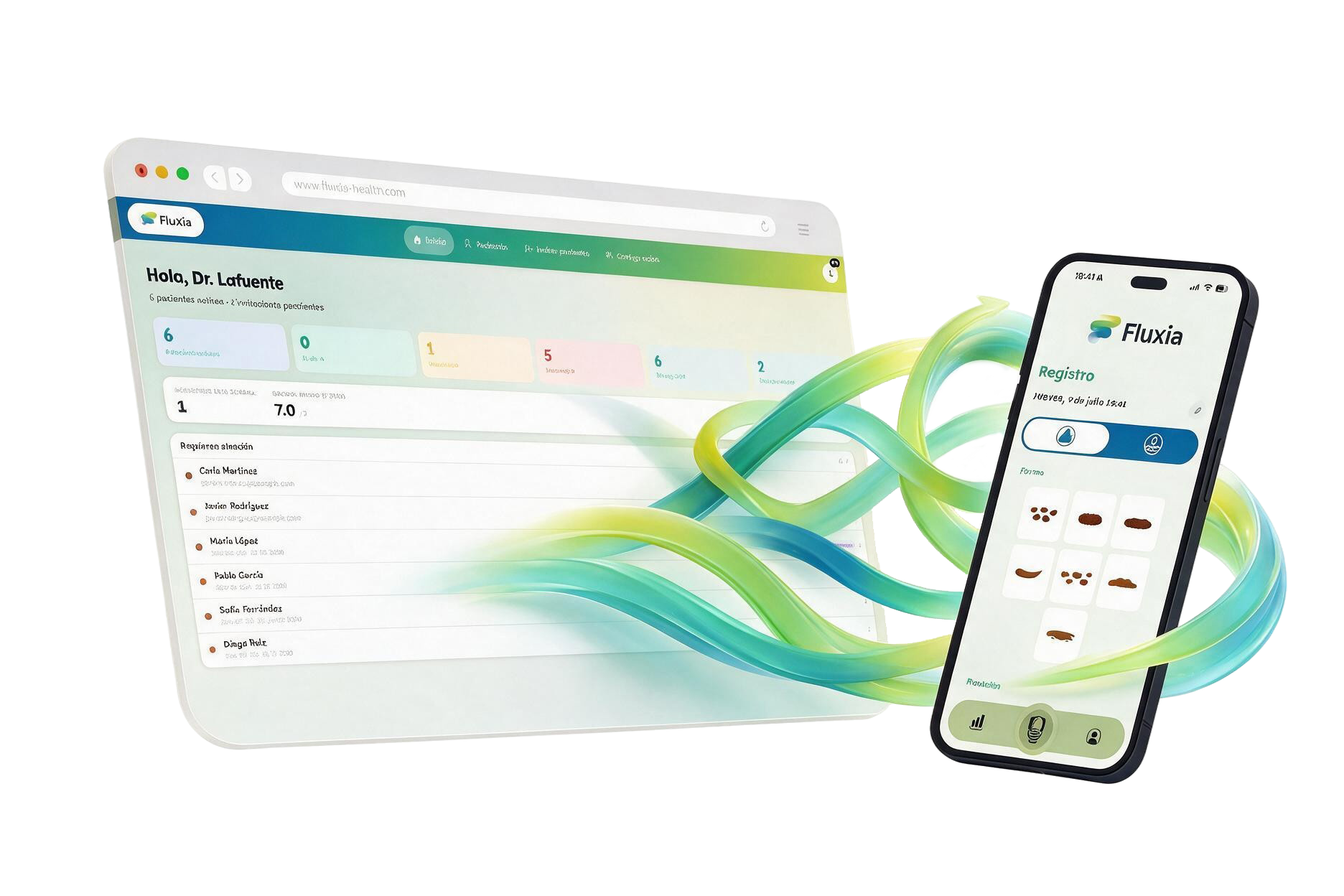 Panel clínico de Fluxia en escritorio y app de registro en el móvil